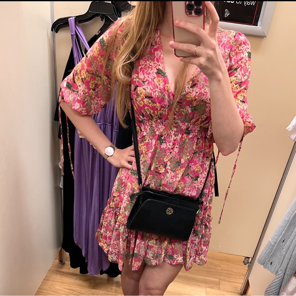 Taylor ruffled pink floral print dress size S with buttons